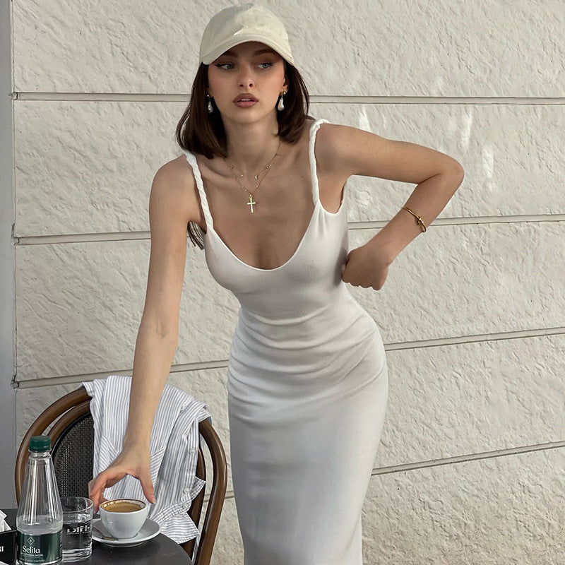 Women's Fashion Sexy Slimming Beam Waist Solid Color Shoulder Strap Twist Dress