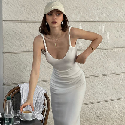 Women's Fashion Sexy Slimming Beam Waist Solid Color Shoulder Strap Twist Dress