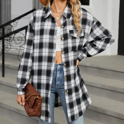 Oversize BF Style Plaid Brushed Long Sleeve Shirt