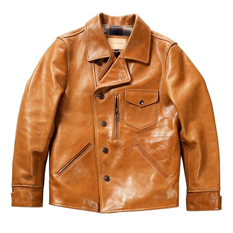 Bear Leather Jacket Mens Lapel Oil Wax Cowhide Coat Rugged Texture
