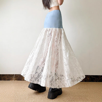 French Style Gentle Low Waist Breasted Denim Stitching Lace A- Line Dress