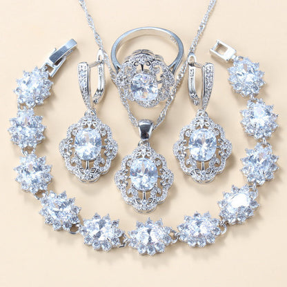 Garnet Cubic Zirconia Earrings Pendant Necklace Bracelet Ring Gift 4 PCs Set