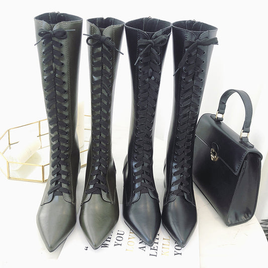 Cross lace pointed toe boots
