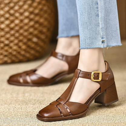 Women's Chunky Heel Hollow Buckle Pig Cage Closed Toe Sandals