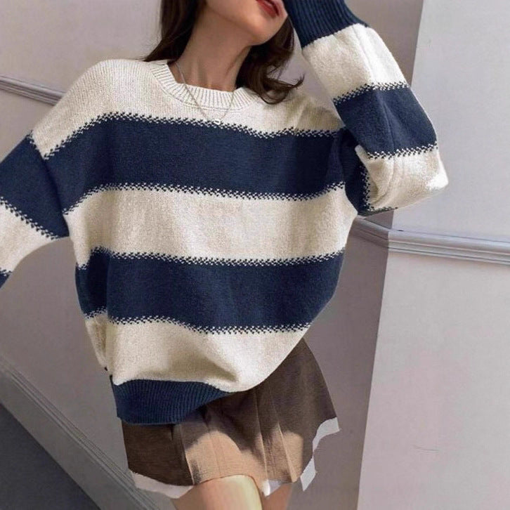 Idle Style Striped Contrast Color Autumn Round Neck Pullover Dinified Sweater
