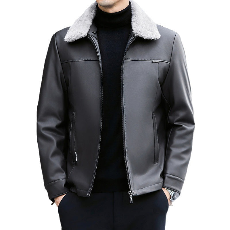 Leather Down Jacket Mens Autumn Winter Thickened Middle-Age Elegance