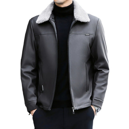 Leather Down Jacket Mens Autumn Winter Thickened Middle-Age Elegance