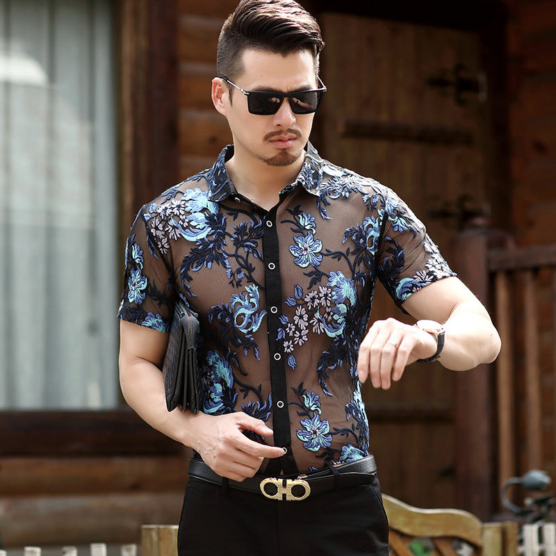 Ice Silk Hollow Breathable Floral Short Sleeve Shirt