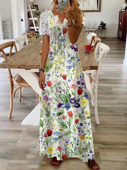 Printed Lace Sleeve Short Sleeve Dress