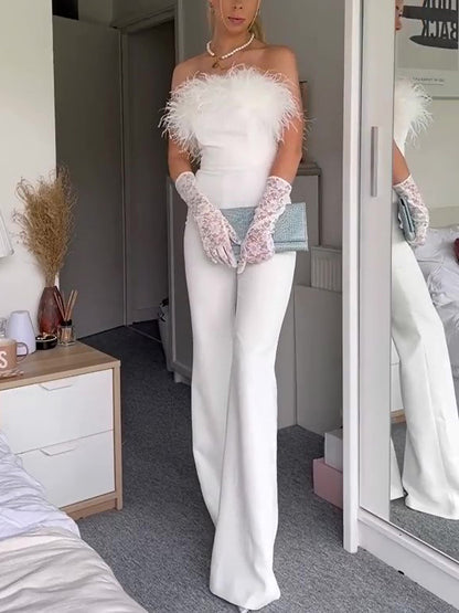 Elegant White Off-Shoulder Jumpsuit With Feather Accents