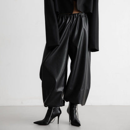 Drawstring Ankle-tied Bloomers Loose Leather Pants PU Leather Trousers