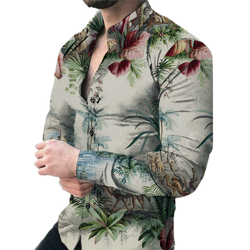 Bold Large Floral Print Casual Long Sleeve Shirt