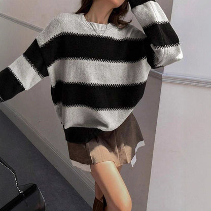 Idle Style Striped Contrast Color Autumn Round Neck Pullover Dinified Sweater