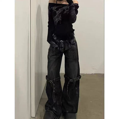 Retro Jeans Lace-up Deconstructed Wide-leg Pants Loose Trousers