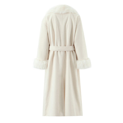 Women's Clothing Big Fur Collar Belt White Woolen Long-cut Coat
