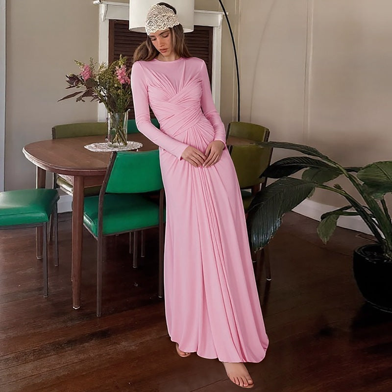 Fashion Temperament Slim Cross Round-neck Long-sleeved Dress