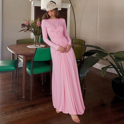 Fashion Temperament Slim Cross Round-neck Long-sleeved Dress