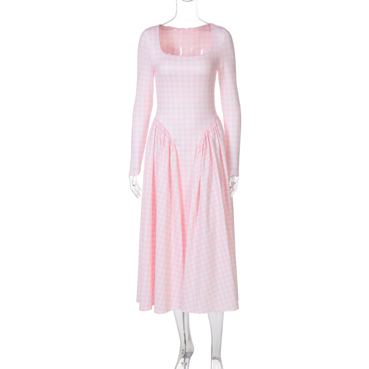 Sexy Tartan Skirt Fashion High Waist Big Swing Long Sleeve Dress