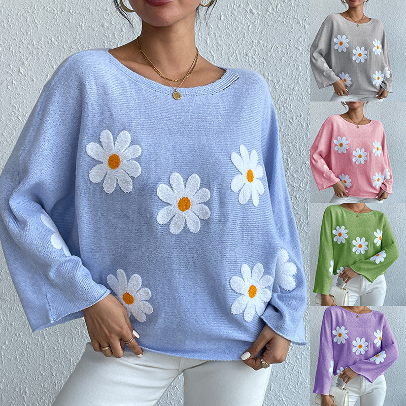 Sweet Flowers Loose Knitted Sweater For Women