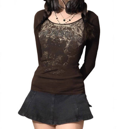 Printed Round Neck Long Sleeve Knitted Long Sleeve T-shirt