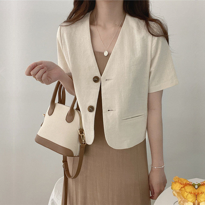 Women's Simple Deep V-neck Cotton Linen Casual Jacket