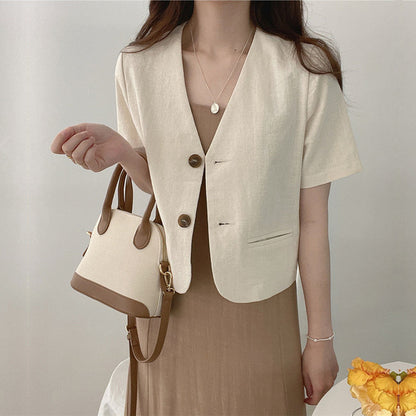 Women's Simple Deep V-neck Cotton Linen Casual Jacket