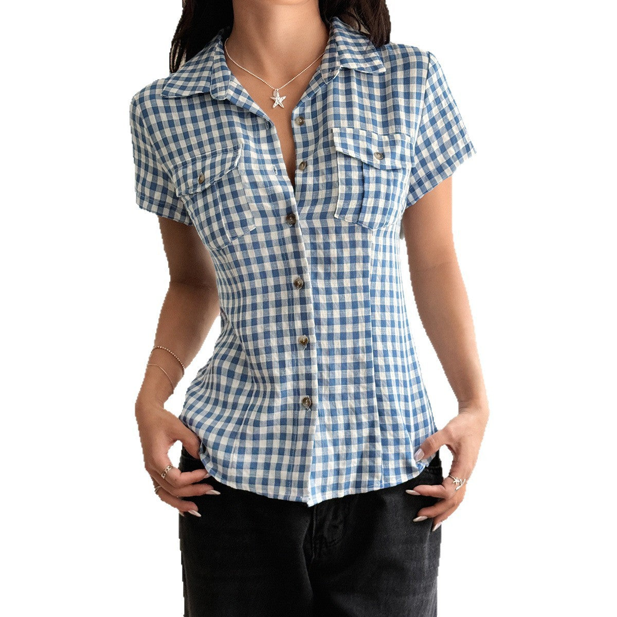 Women's Plaid Short-sleeved Button Shirt
