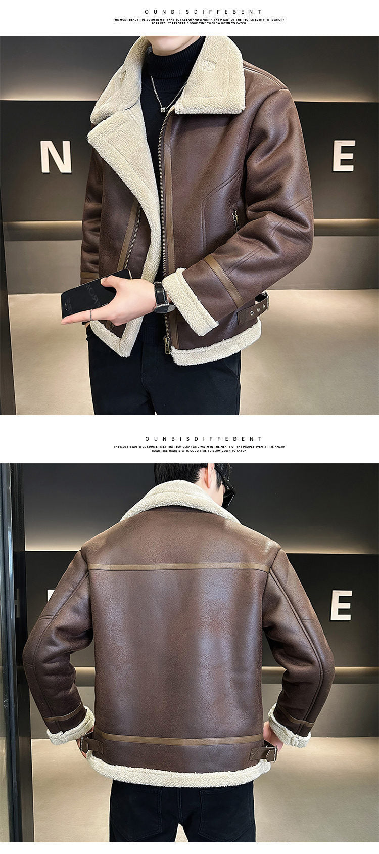 Fur Integrated Motorcycle Jacket Mens Fleece-Lined Thickened Leather Opulent Protection
