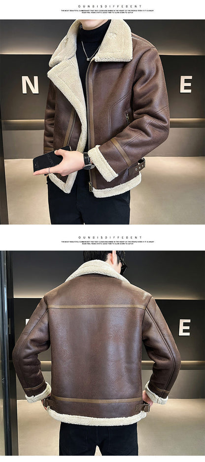 Fur Integrated Motorcycle Jacket Mens Fleece-Lined Thickened Leather Opulent Protection