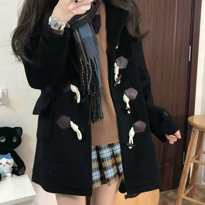 Japanese Jk Hooded Horn Button Woolen Coat