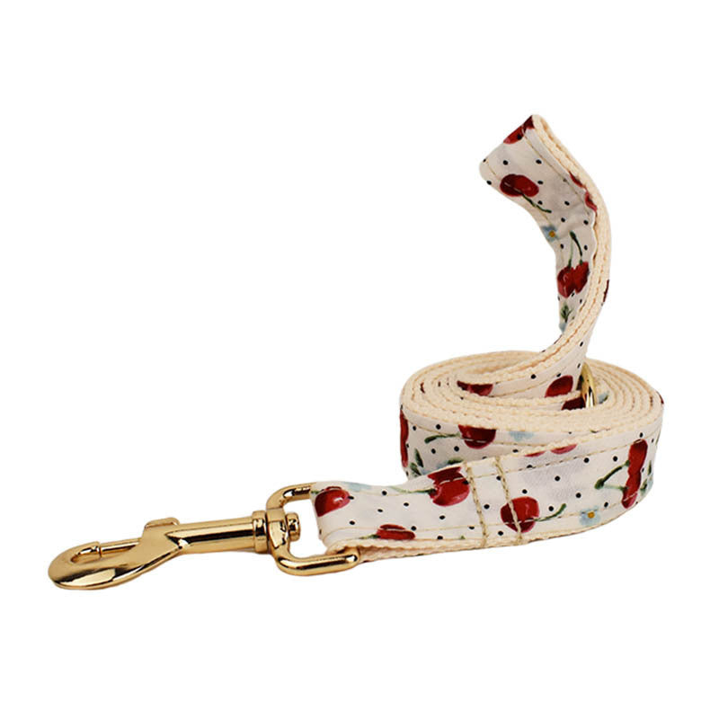 Red Cherry Printed Pet Collar Traction Rope Light Gold Release Buckle Cute Bow Strap