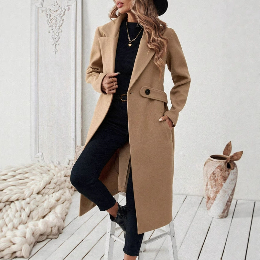 Women's Autumn And Winter Style Casual Camel Lace-up Coat