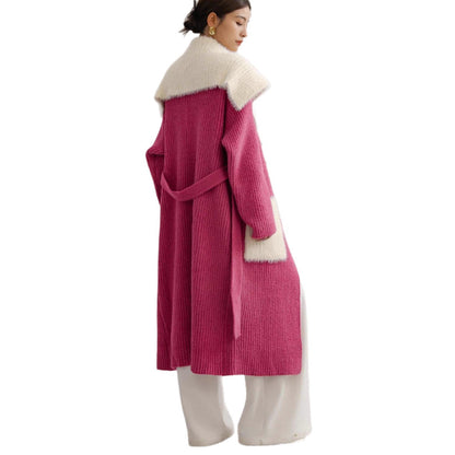 Fur Collar Long Stitching Cardigan Loose Knitted Overcoat Coat