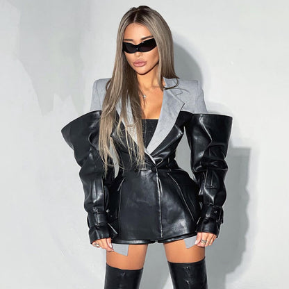 Leather Stitching Suit Jacket For Women Autumn And Winter New Advanced