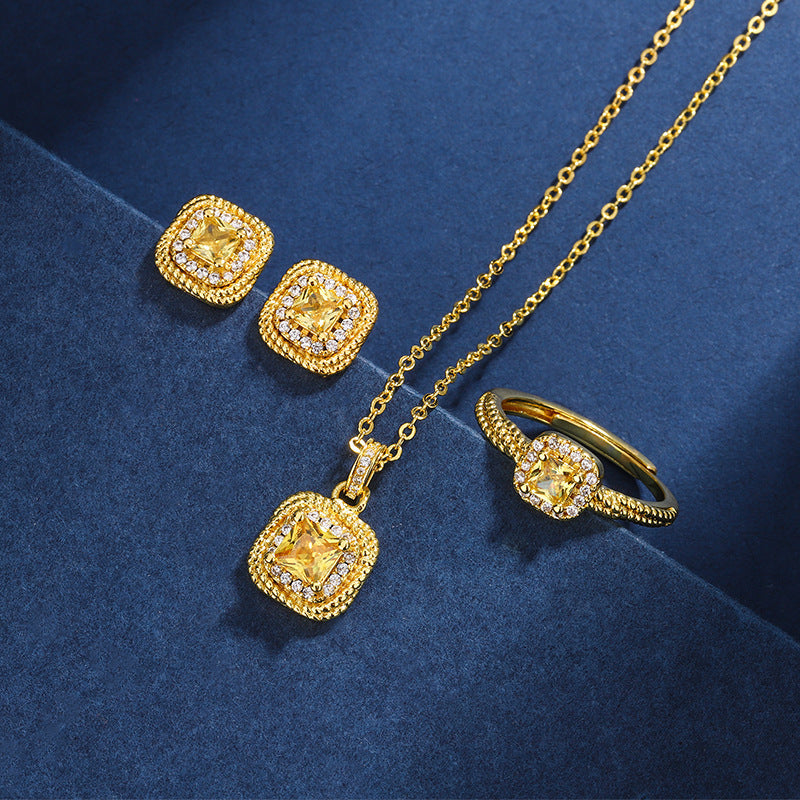 Women's Simple Small Sugar Cube Rings Ear Studs Jewelry Copper-plated Gold Jewelry Suit