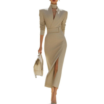 Autumn Elegant V-neck Slim Fit Medium Long Sheath Slit Fashionable Dress For Women