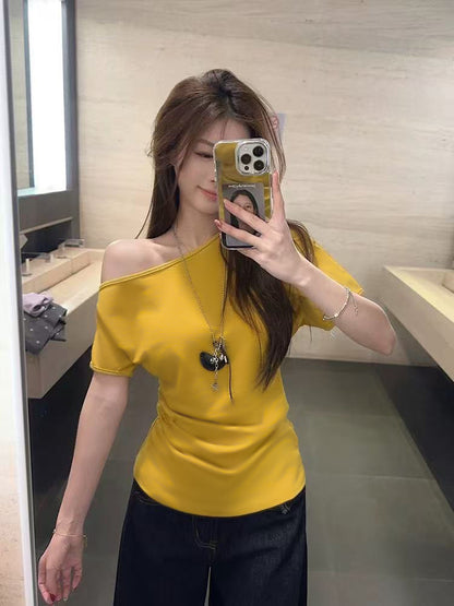 Women's Short-sleeved T-shirt Off-the-shoulder Fitted Waist Top