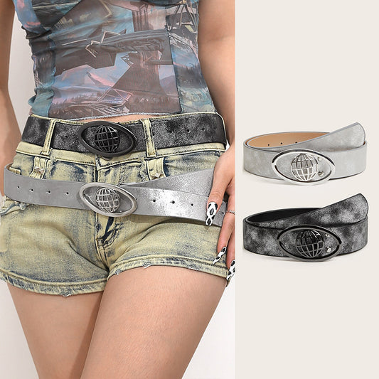 Retro Trendy Cool Oval Buckle Simple Female Ornament Belt
