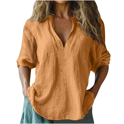 Women's Cotton And Linen V-neck Shirt