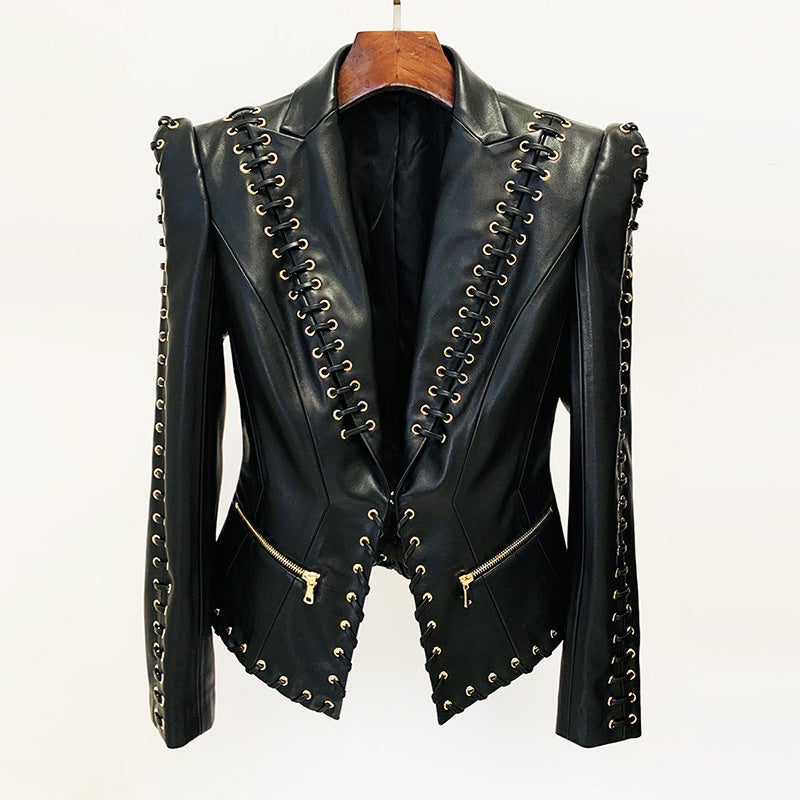 Fashion Heavy Industry Eyelet Rope Slim-fit Leather Coat Suit Jacket