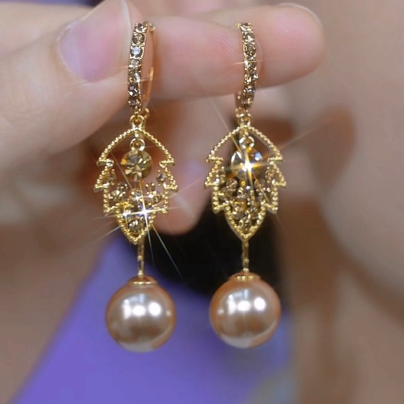 French Entry Lux High-grade Coffee Color Full Diamond Leaf Pearl Earrings