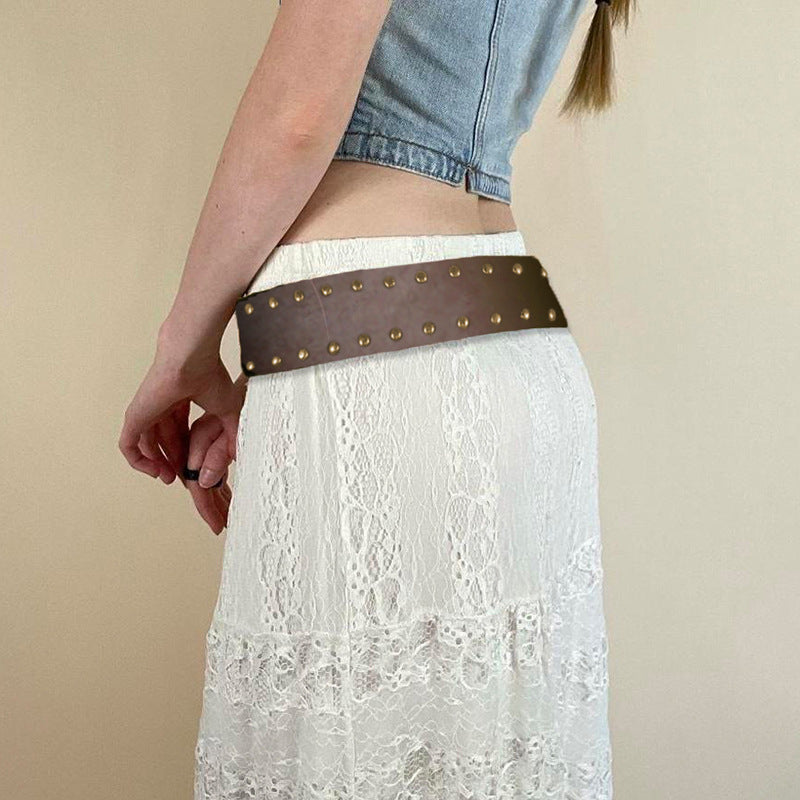 Retro Brown Base Rivet Metal Ring Buckle Personality Belt Punk