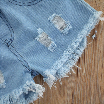 Girls' Fashionable Simple Short-sleeved Floral Denim Shorts Suit