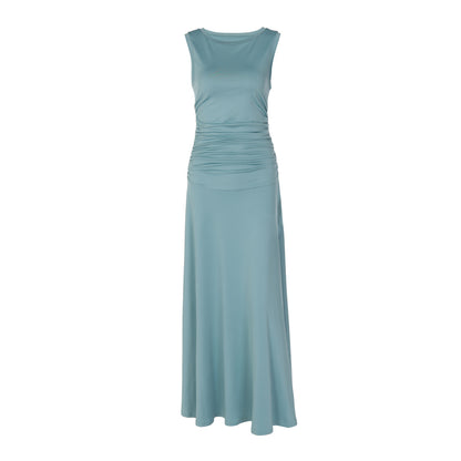 Fashionable Elegant Slim-fit Pleated Round Neck Sleeveless Solid Color Dress