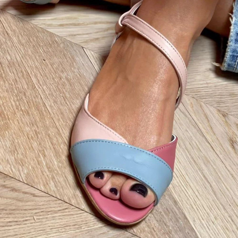 Color Block Open Toe Low Heel Buckle Preppy Style Sandals