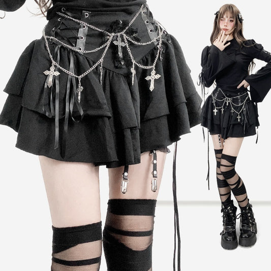 Cross Lace Layers Cake Dress A- Line High Waist