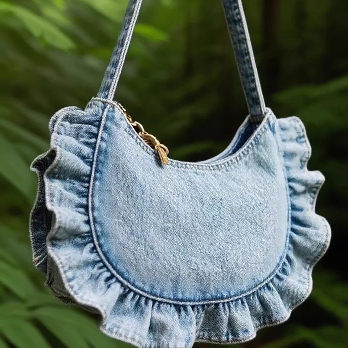 Polyester Women's Denim Lace Pleated Cross-body Bag