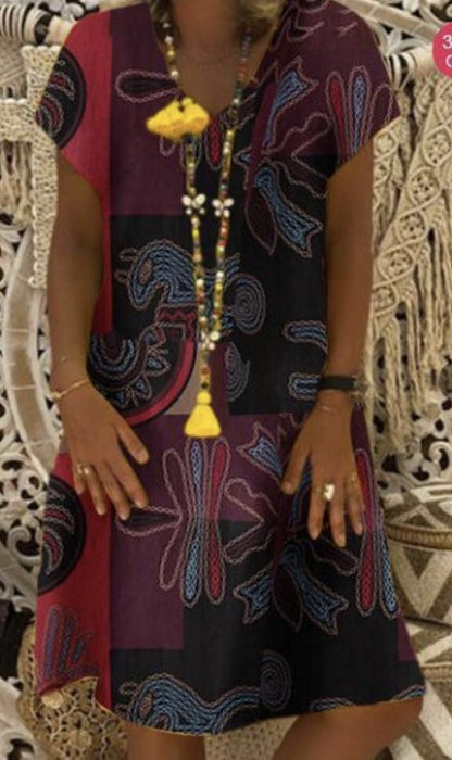 Ladies fashion printed V-neck short sleeve dress