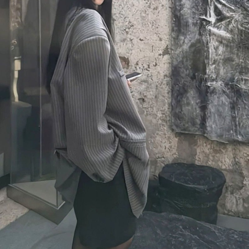 Gray Striped Suit Jacket For Women