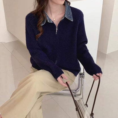 False Two-piece High Quality Denim Patchwork Knitted Sweater